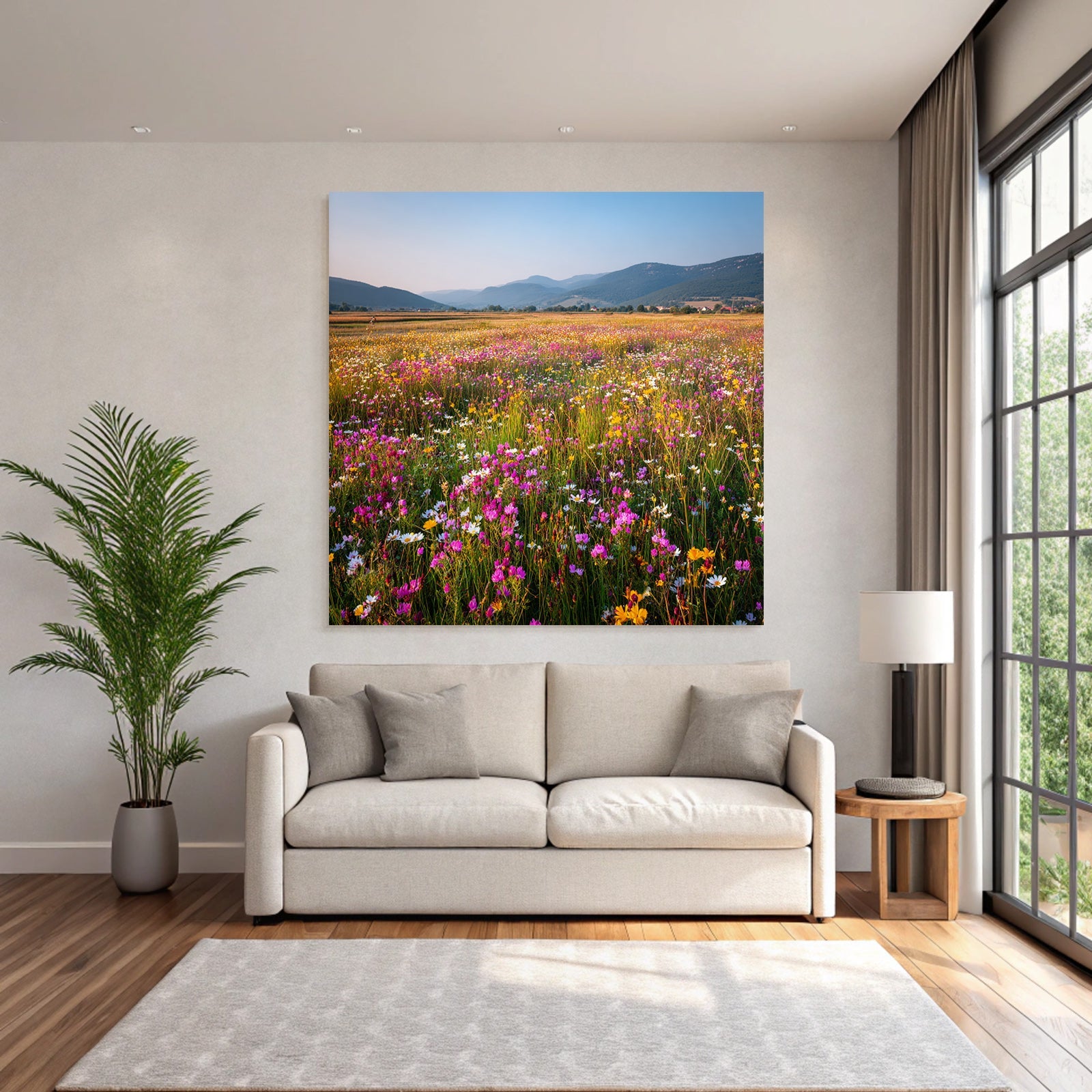 Blumige Wiese Mit Bergen Und Himmel