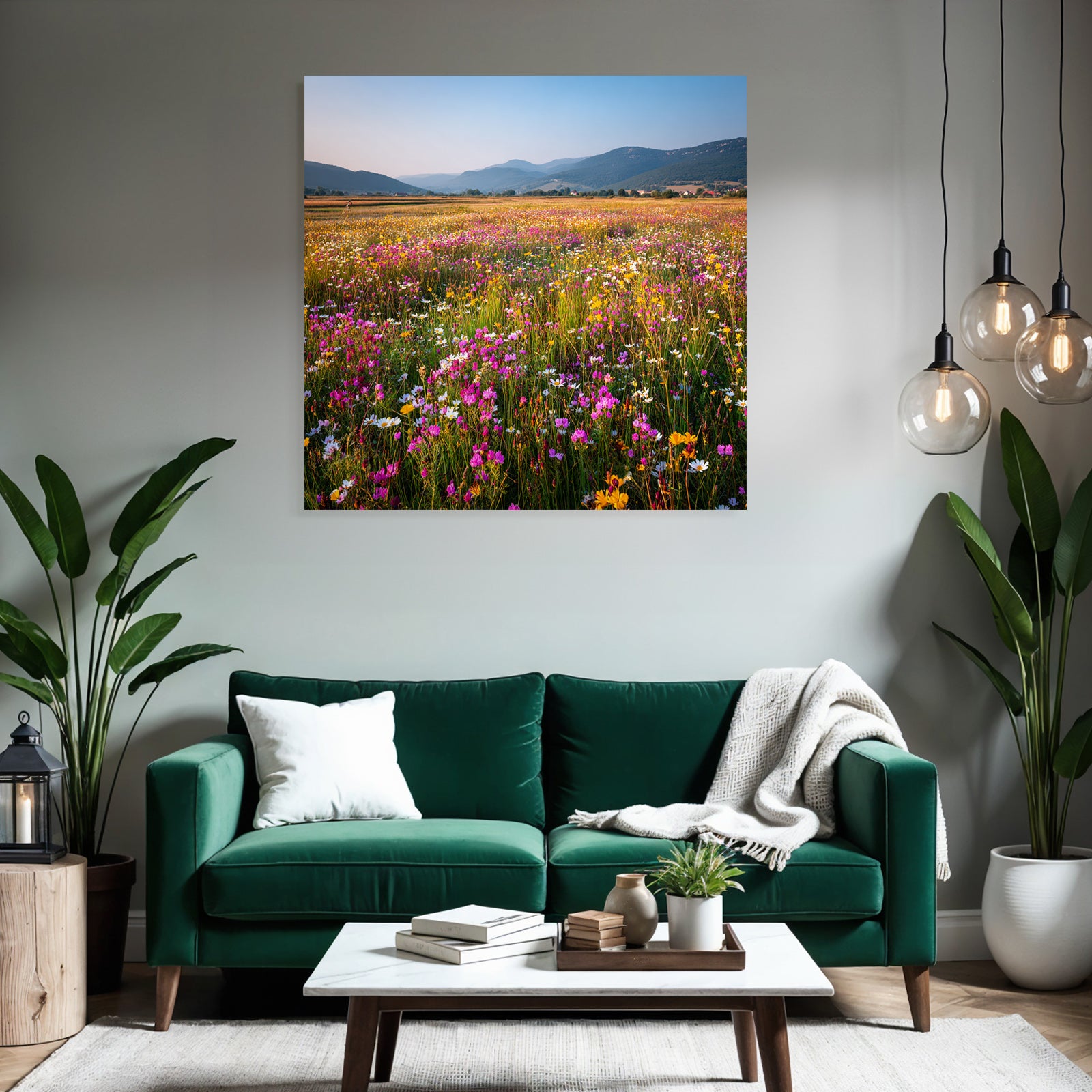 Blumige Wiese Mit Bergen Und Himmel