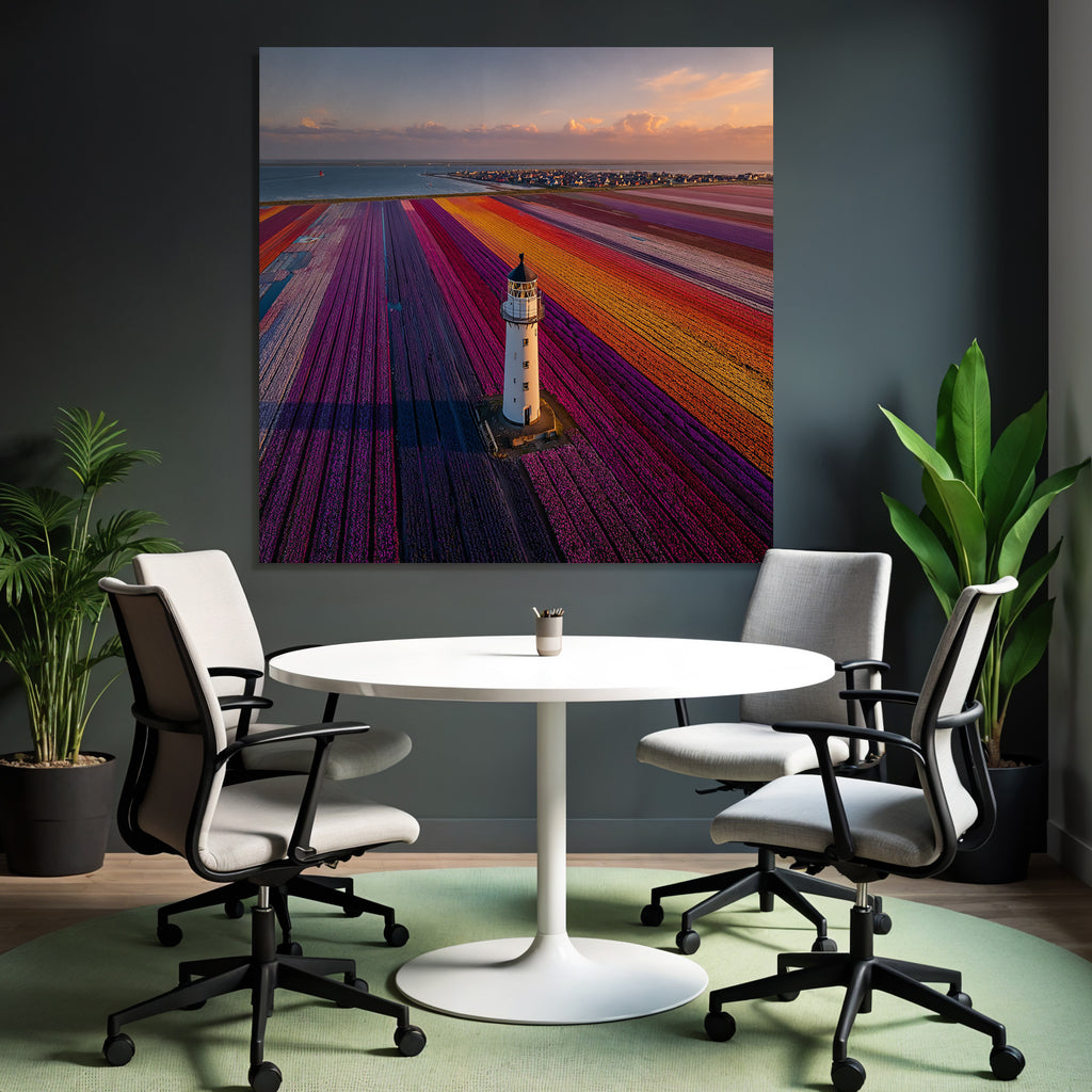 Buntes Blumenfeld Mit Leuchtturm Und Küste Bei Sonnenuntergang