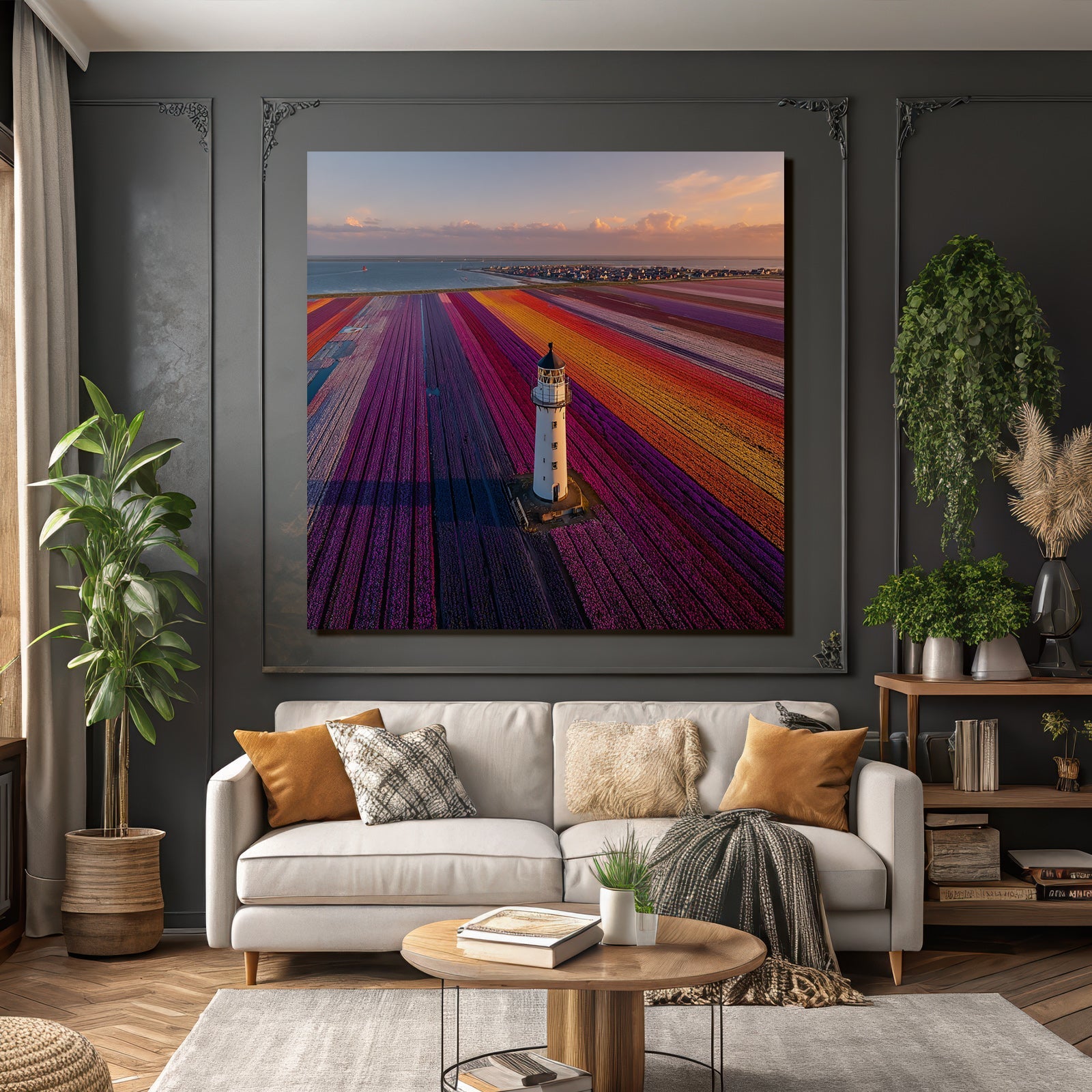 Buntes Blumenfeld Mit Leuchtturm Und Küste Bei Sonnenuntergang