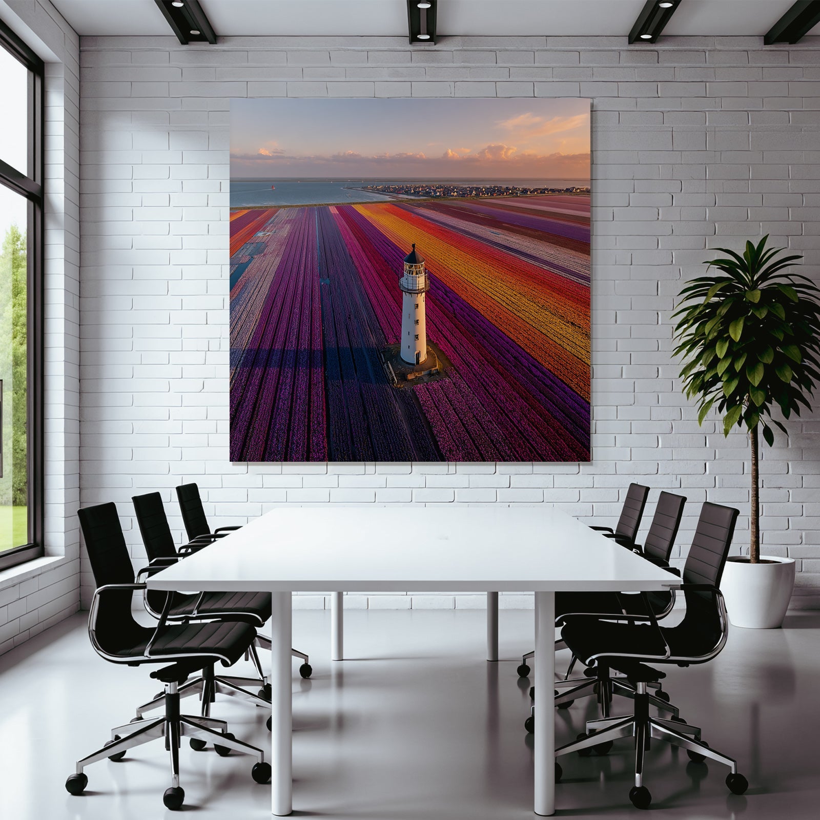 Buntes Blumenfeld Mit Leuchtturm Und Küste Bei Sonnenuntergang