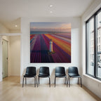 Buntes Blumenfeld Mit Leuchtturm Und Küste Bei Sonnenuntergang