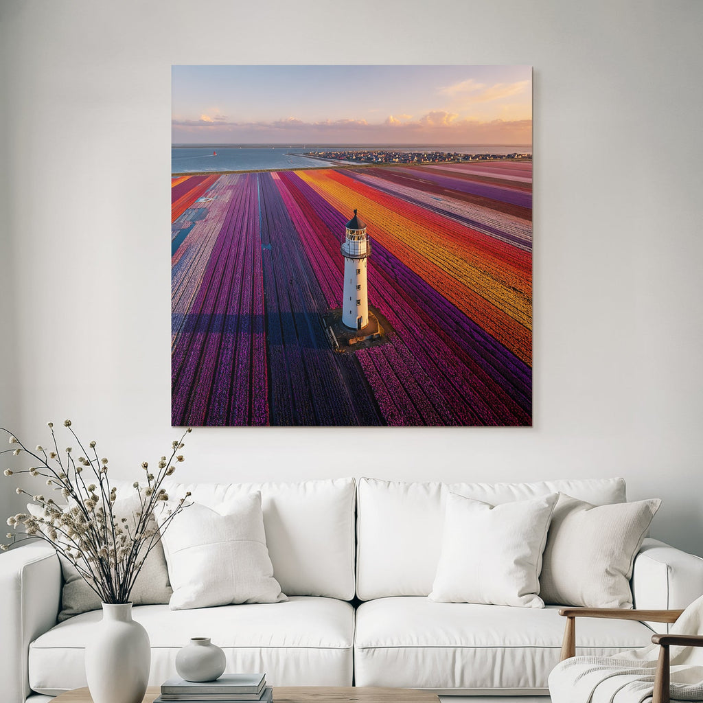Buntes Blumenfeld Mit Leuchtturm Und Küste Bei Sonnenuntergang