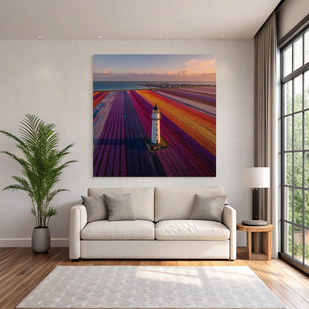 Buntes Blumenfeld Mit Leuchtturm Und Küste Bei Sonnenuntergang