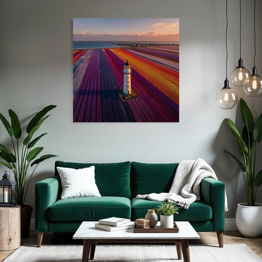 Buntes Blumenfeld Mit Leuchtturm Und Küste Bei Sonnenuntergang