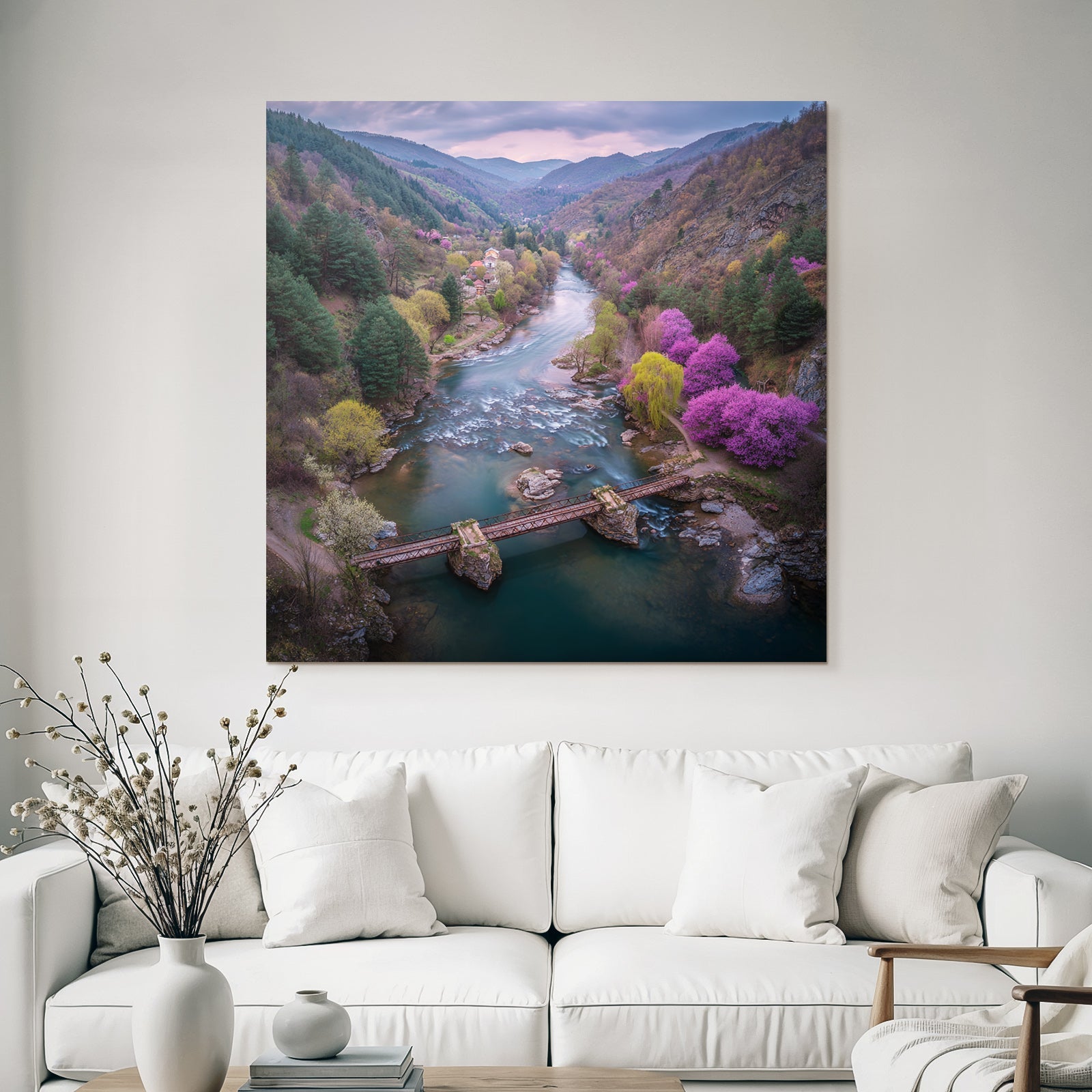 Friedliche Landschaft Fluss Brücke Bäume Blühend Spring Himmel Sanft