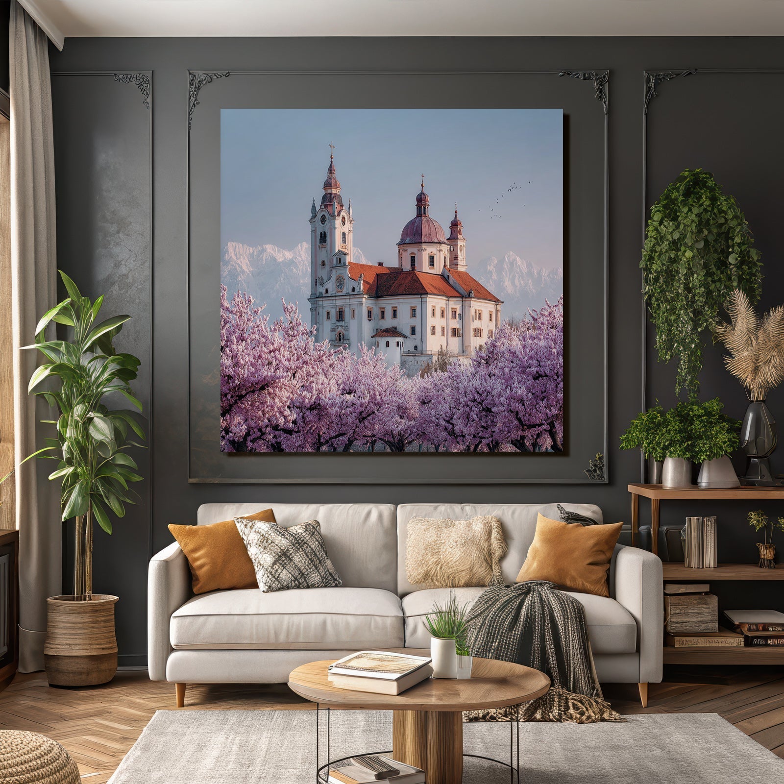 Historisches Gebäude Umgeben Von Kirschblüten Und Bergen Frühling