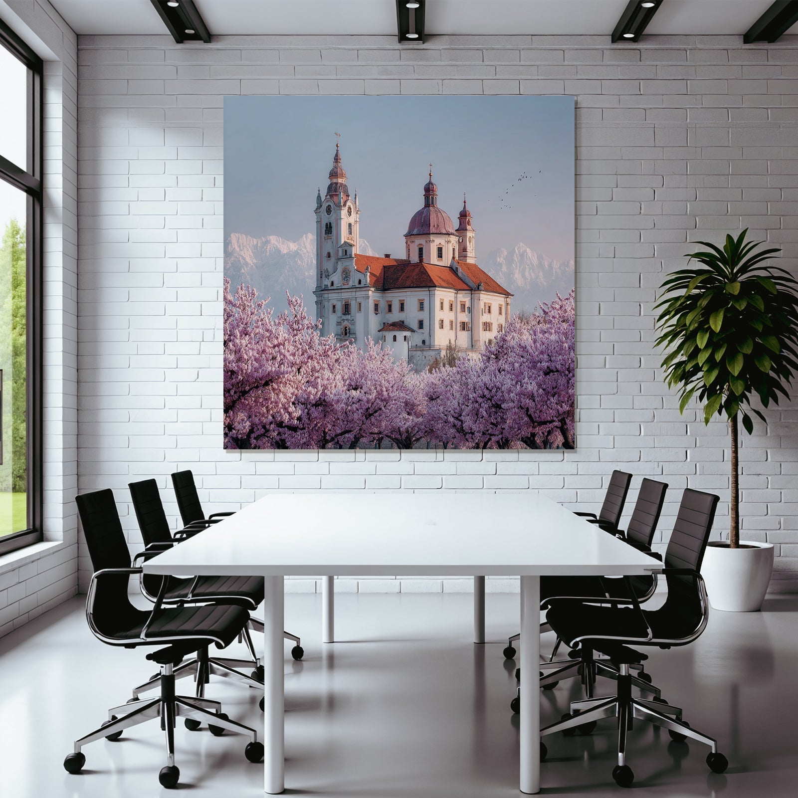 Historisches Gebäude Umgeben Von Kirschblüten Und Bergen Frühling