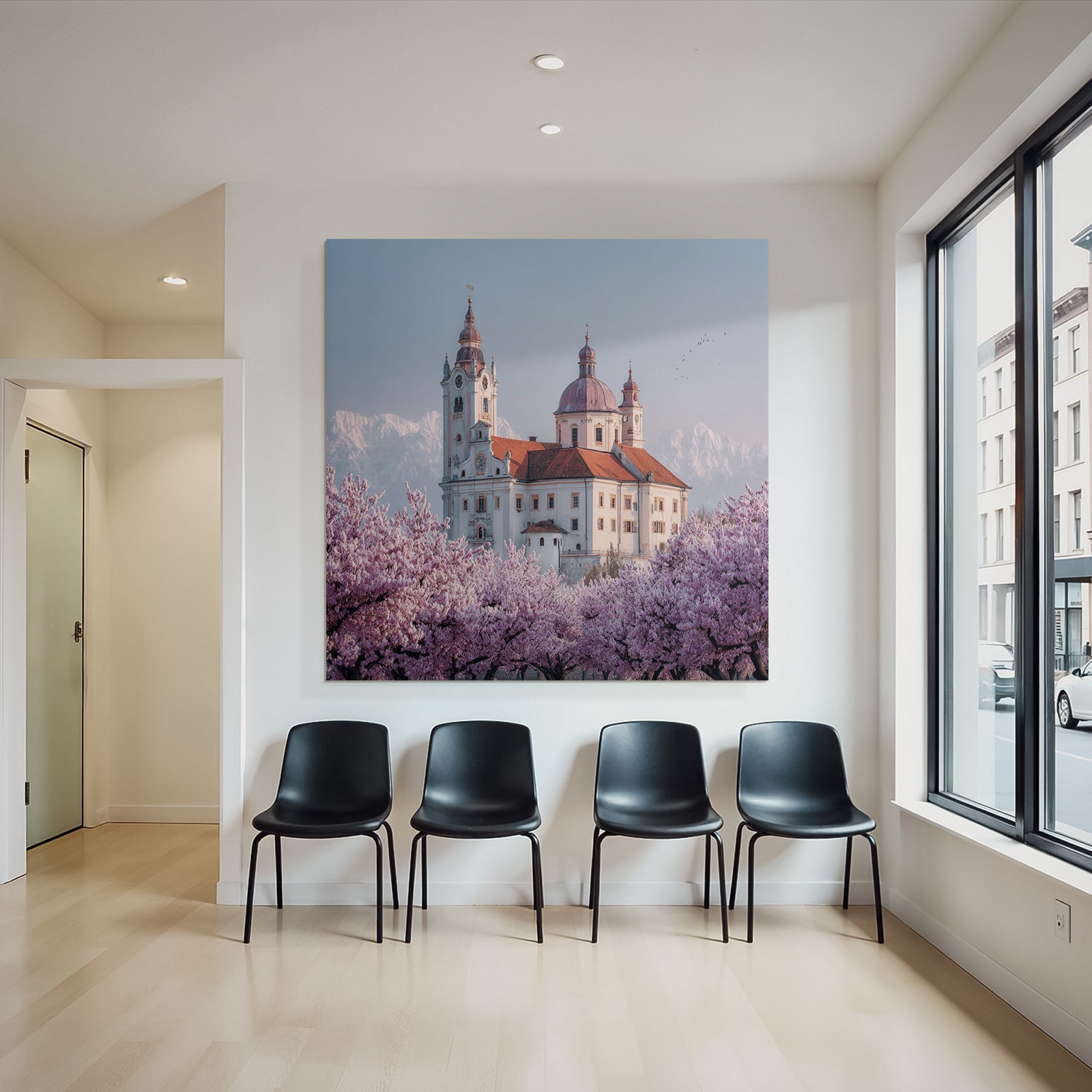 Historisches Gebäude Umgeben Von Kirschblüten Und Bergen Frühling