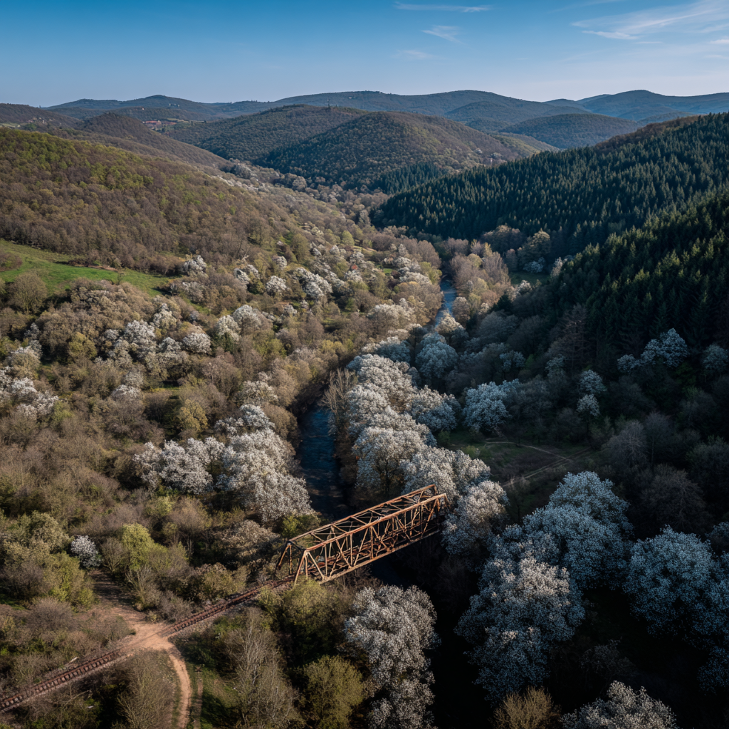 Landschaft Luftaufnahme Fluss Eisenbahnbrücke Grüne Höhen | Fruehling | Jahreszeiten