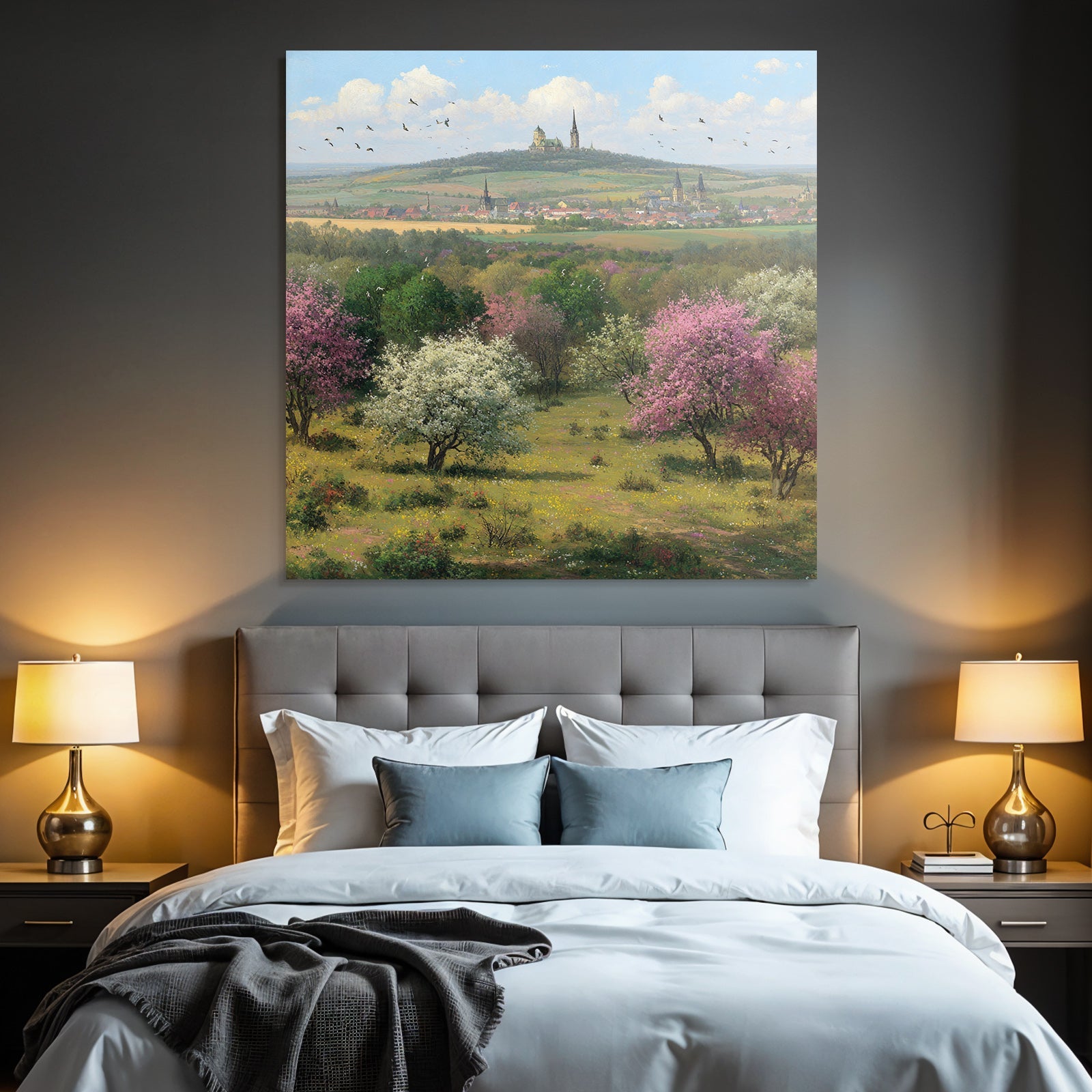 Landschaft Mit Bluhenden Baumen Und Burg Im Hintergrund