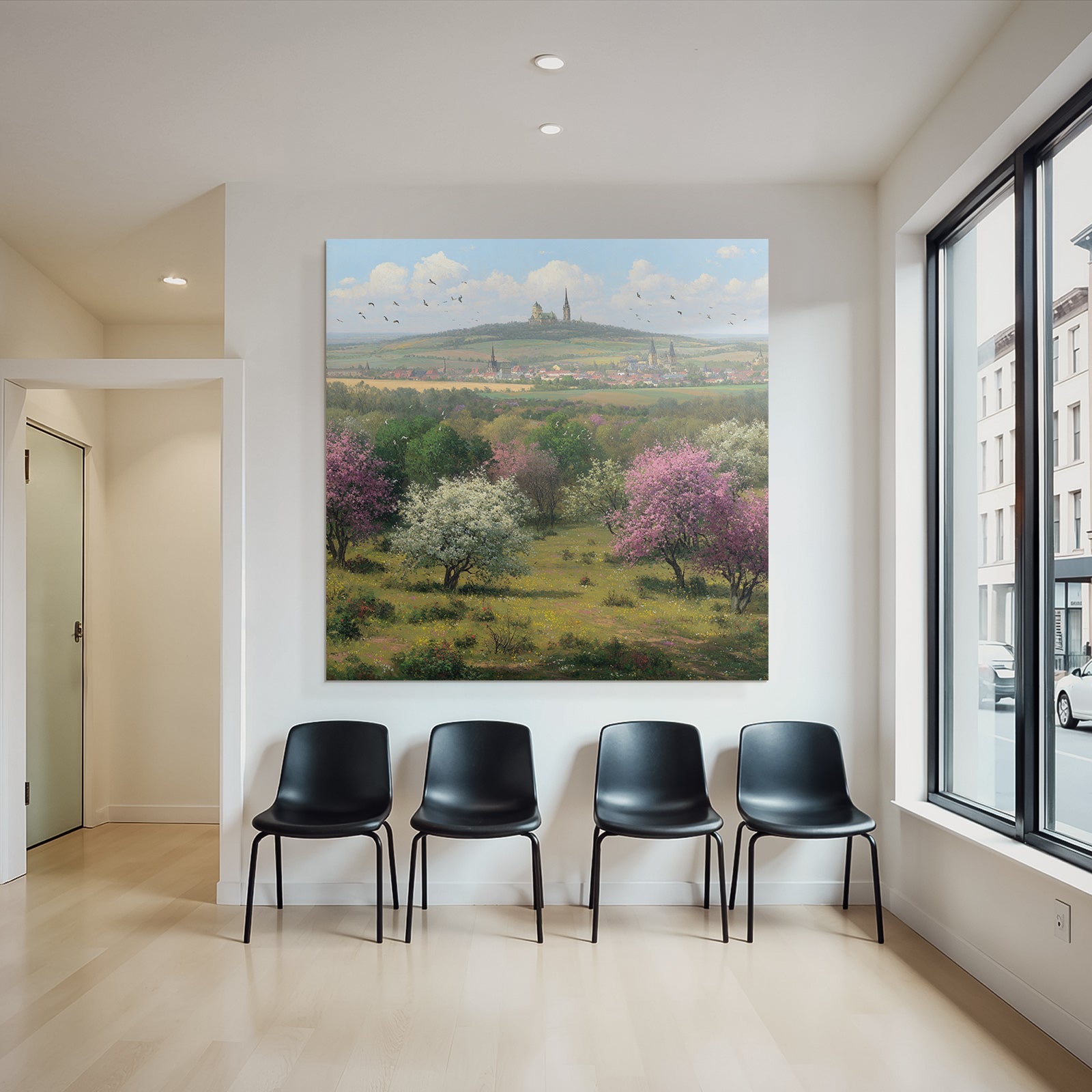 Landschaft Mit Bluhenden Baumen Und Burg Im Hintergrund