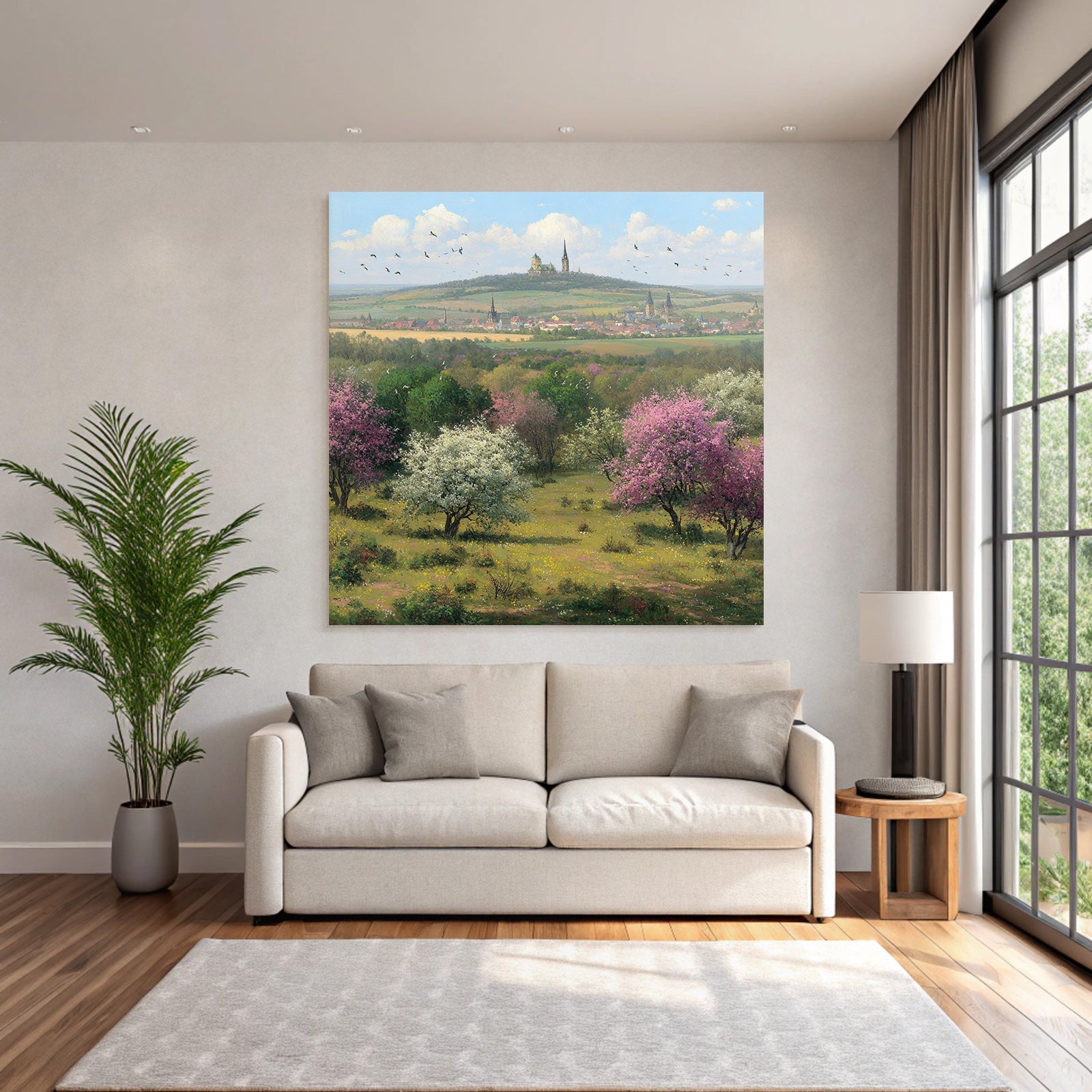 Landschaft Mit Bluhenden Baumen Und Burg Im Hintergrund