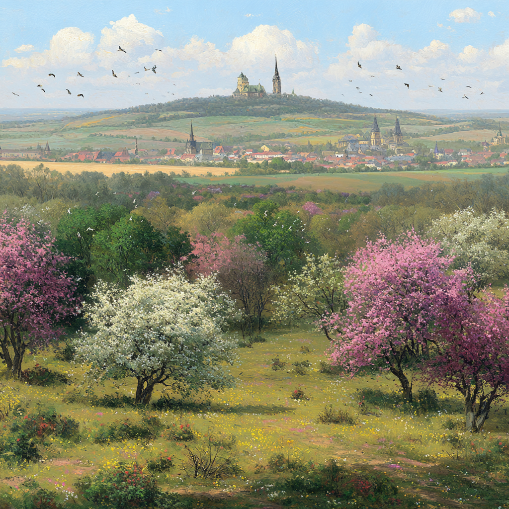 Landschaft Mit Bluhenden Baumen Und Burg Im Hintergrund | Fruehling | Jahreszeiten