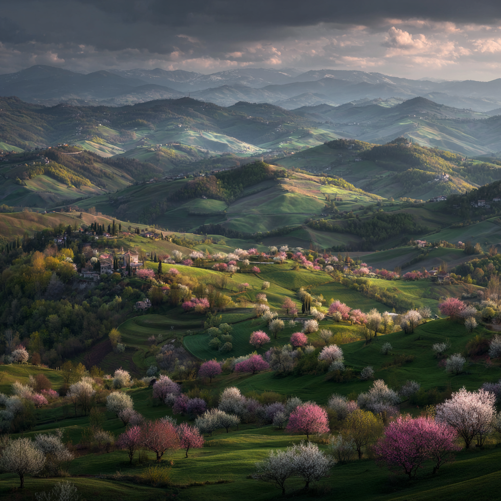 Landschaft Rolling Hills Baume Blösem Berg Himmel | Fruehling | Jahreszeiten