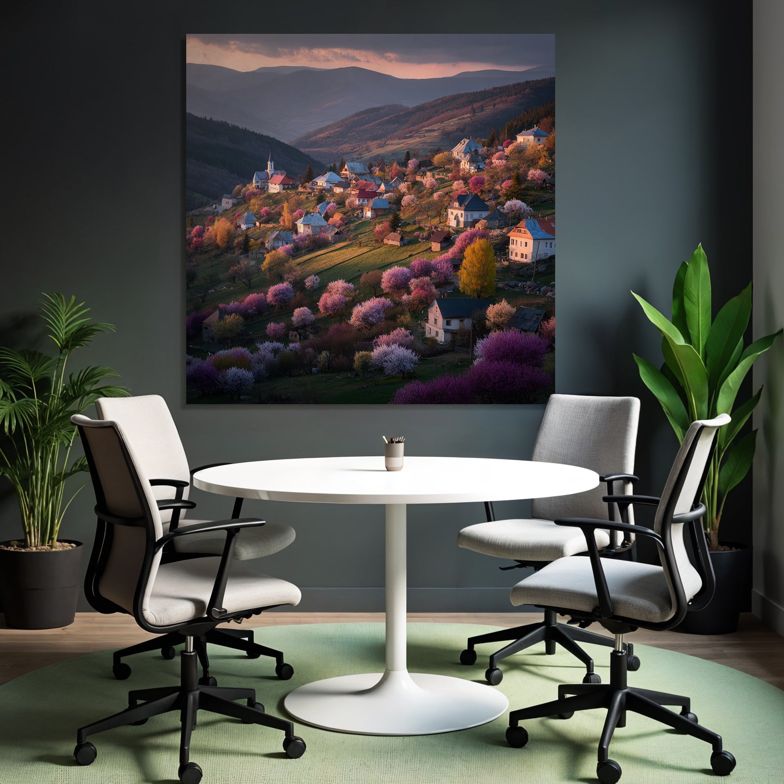 Malerische Landschaft Hügeldorf Haus Und Bäume Rot Und Lila Licht