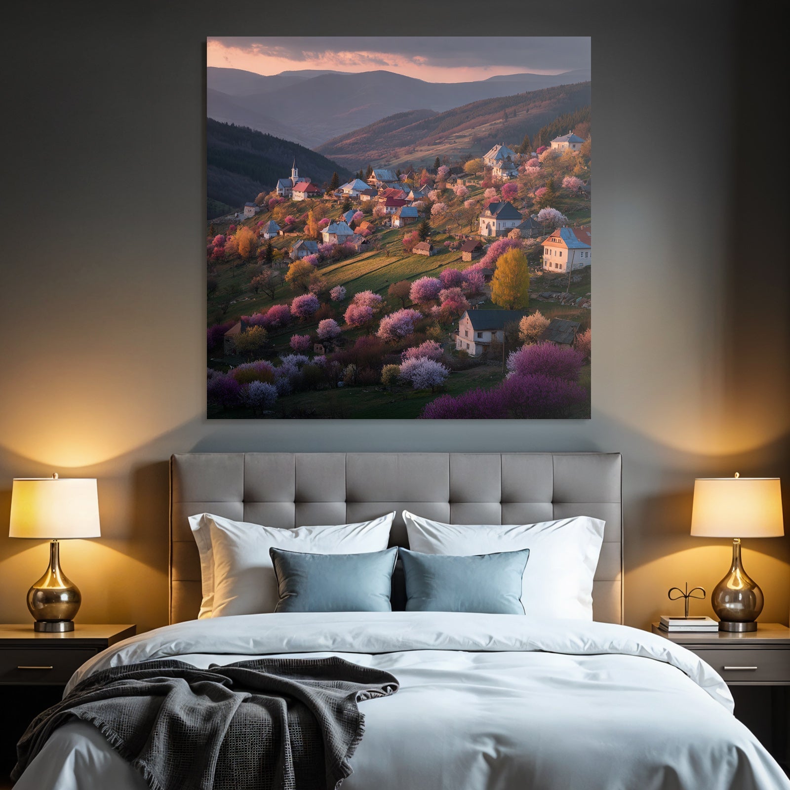 Malerische Landschaft Hügeldorf Haus Und Bäume Rot Und Lila Licht