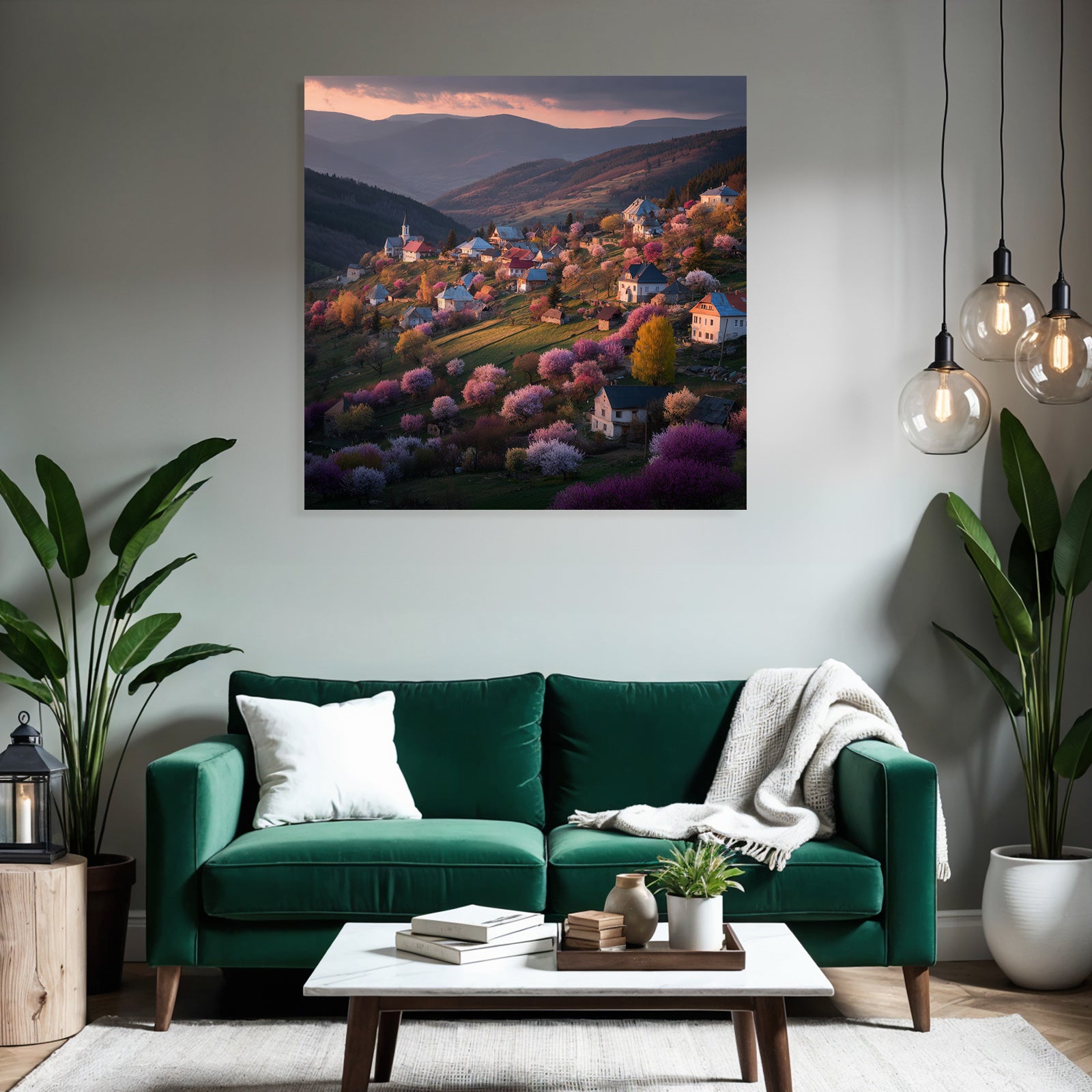 Malerische Landschaft Hügeldorf Haus Und Bäume Rot Und Lila Licht