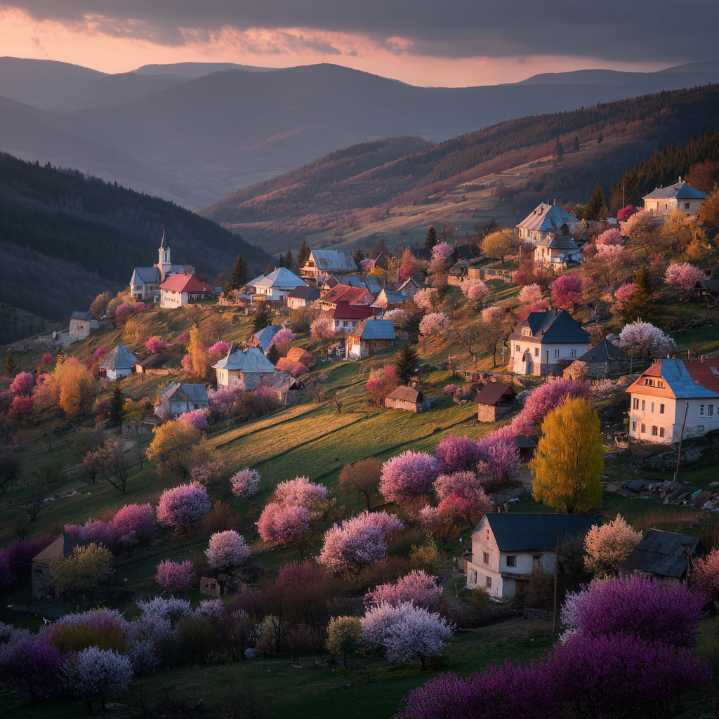 Malerische Landschaft Hügeldorf Haus Und Bäume Rot Und Lila Licht | Fruehling | Jahreszeiten