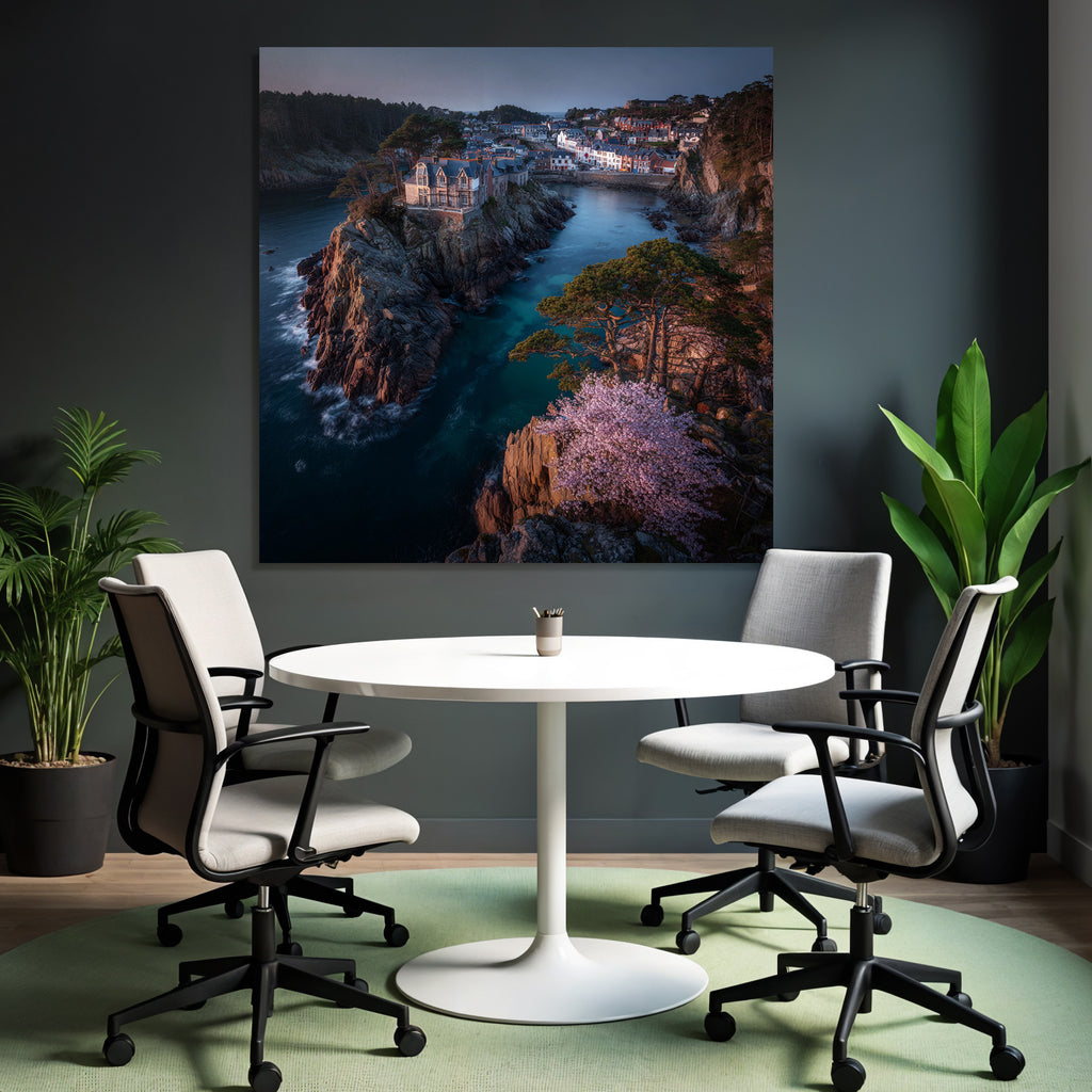 Rocking board with house surrounded by water and green landscape