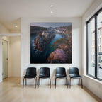Rocking board with house surrounded by water and green landscape