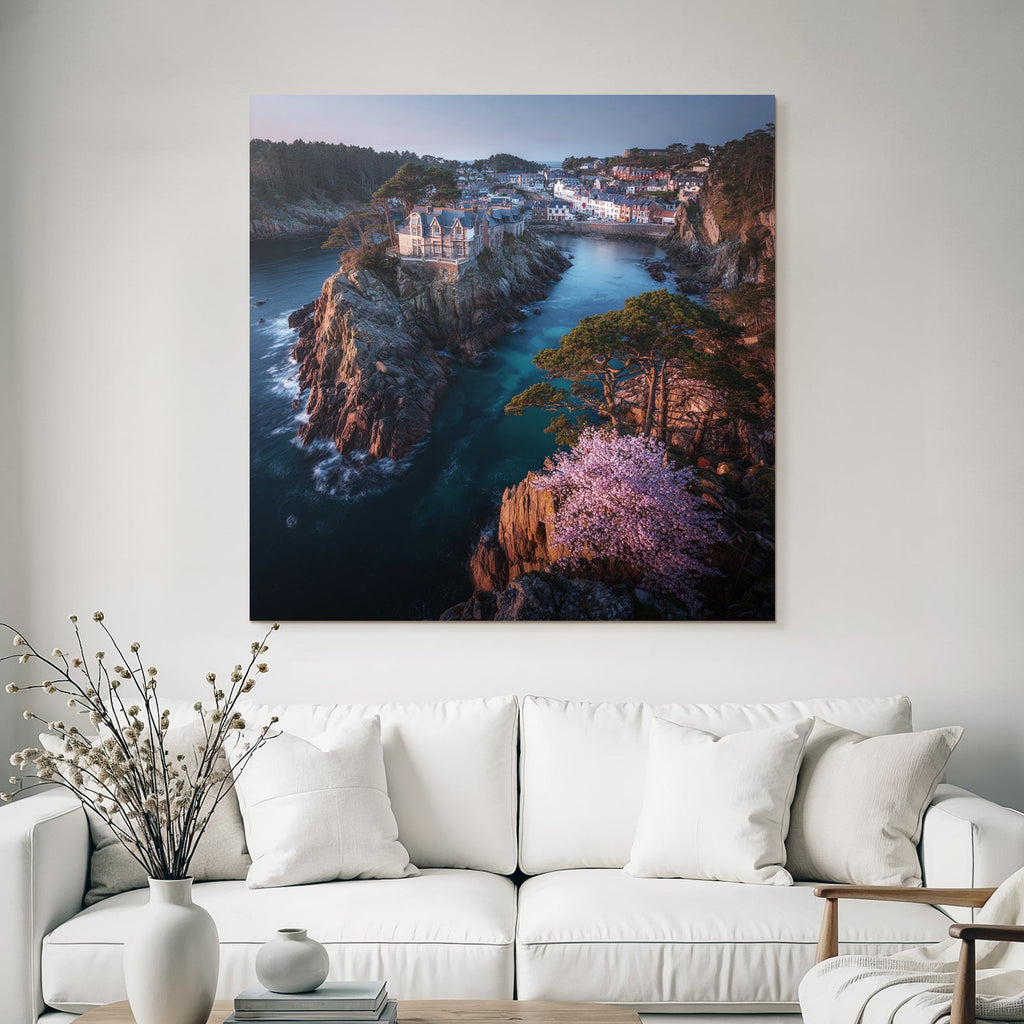 Rocking board with house surrounded by water and green landscape