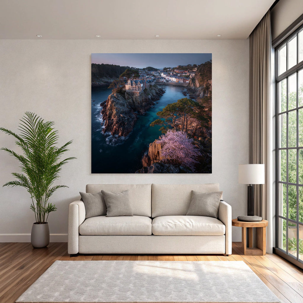 Rocking board with house surrounded by water and green landscape