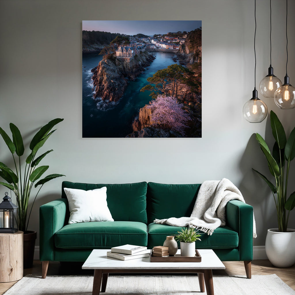 Rocking board with house surrounded by water and green landscape