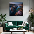 Rocking board with house surrounded by water and green landscape