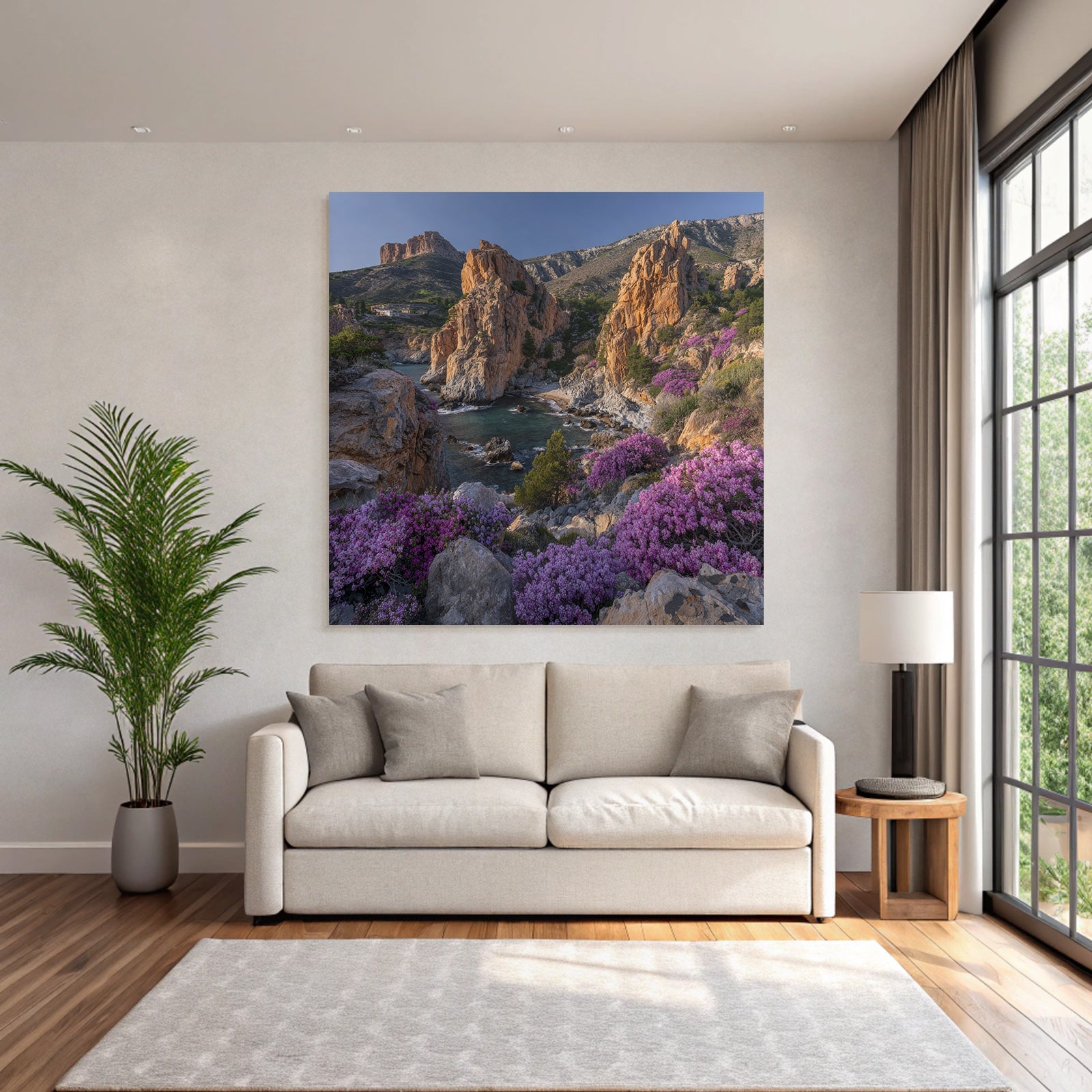 Ruckige Küste Mit Blumen Und Bergen Bei Blaüm Himmel