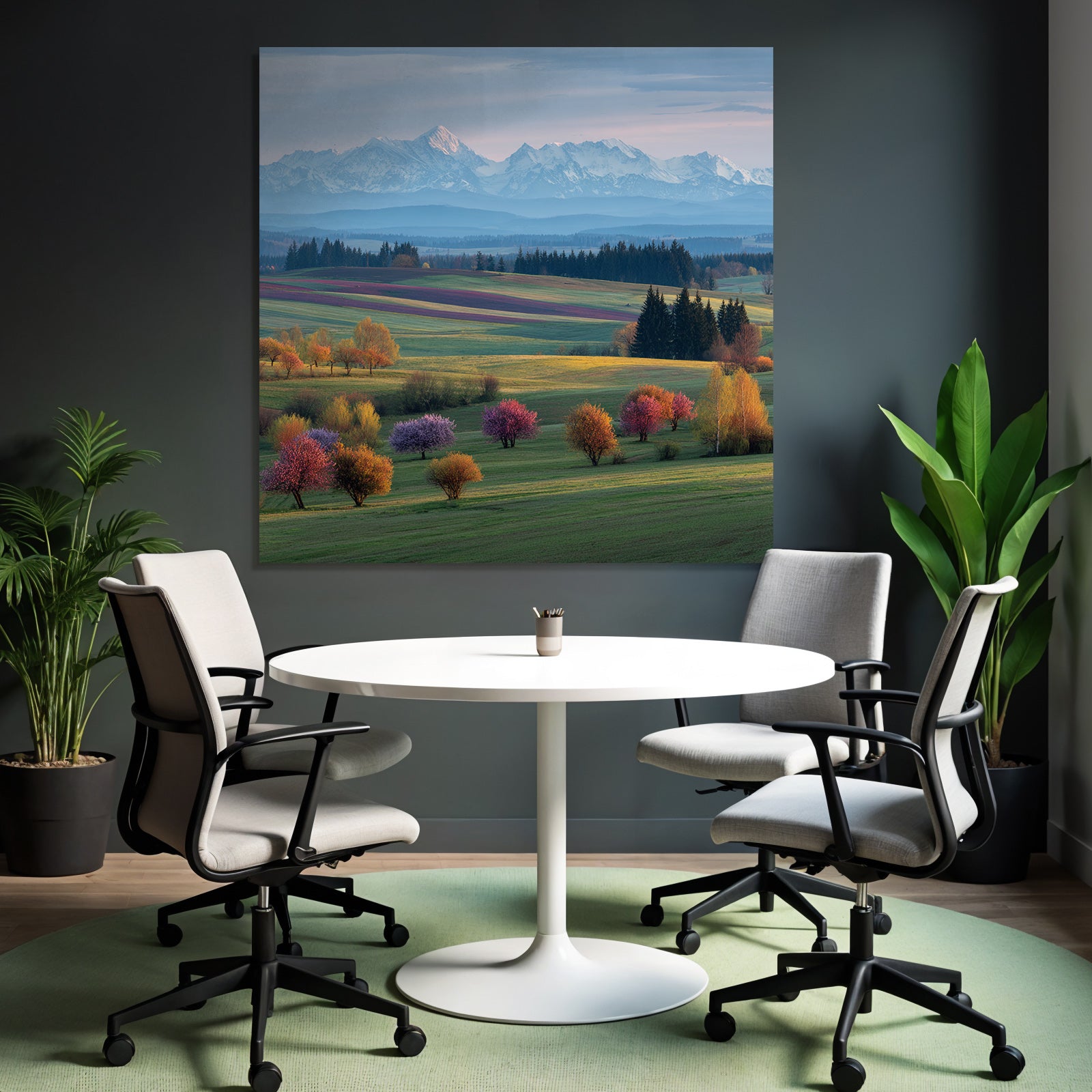 Schöne Landschaft Mit Hügeln Bunten Feldern Und Schneebedeckten Bergen