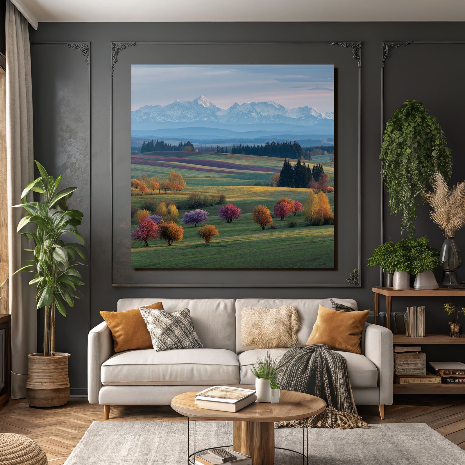 Schöne Landschaft Mit Hügeln Bunten Feldern Und Schneebedeckten Bergen