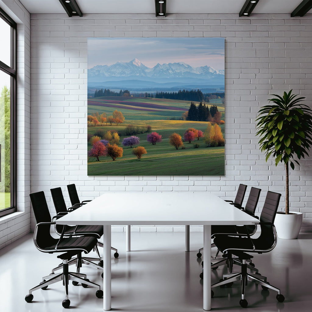 Schöne Landschaft Mit Hügeln Bunten Feldern Und Schneebedeckten Bergen