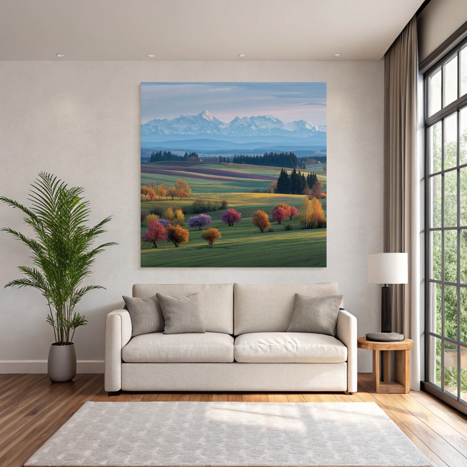 Schöne Landschaft Mit Hügeln Bunten Feldern Und Schneebedeckten Bergen