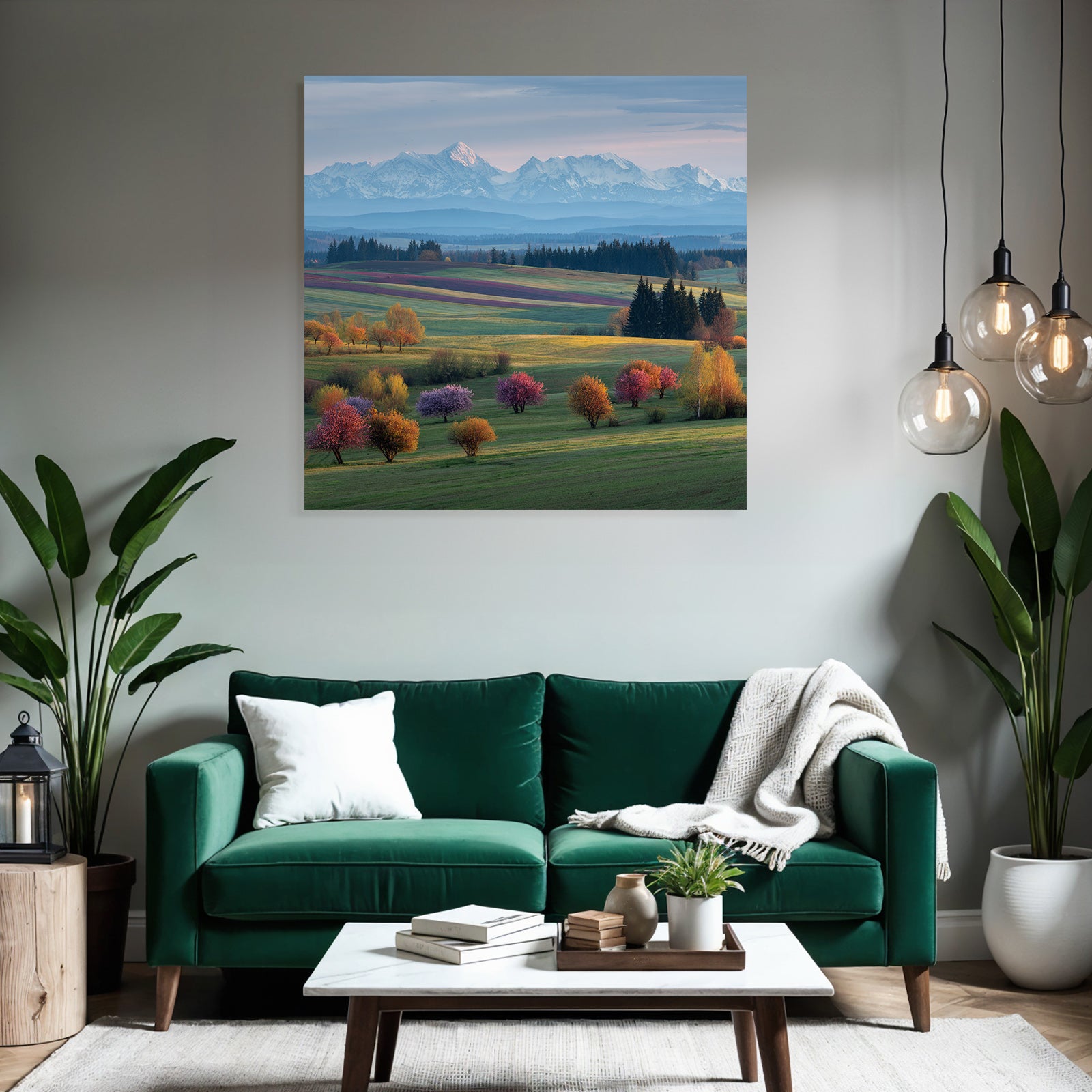 Schöne Landschaft Mit Hügeln Bunten Feldern Und Schneebedeckten Bergen