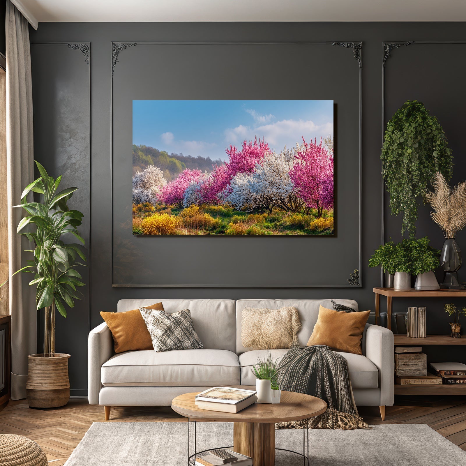 Blühende Bäume Szenen Mit Blumen Und Grünem Gras