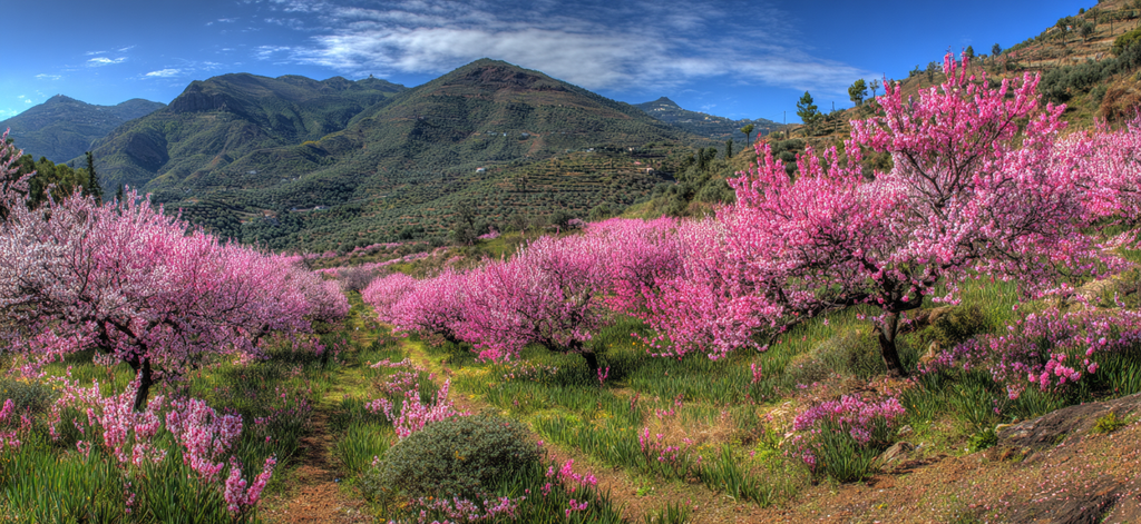 Blühende Florale Landschaft Mit Hügeln Und Blaudem Himmel | Fruehling | Jahreszeiten