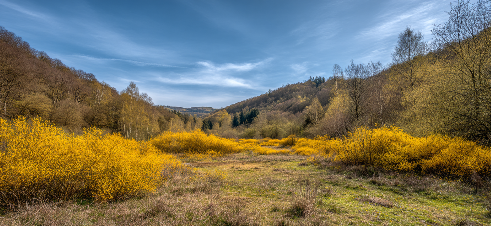 Blühende Hügel Im Mit Baum Reihen Und Blaüm Himmel | Fruehling | Jahreszeiten
