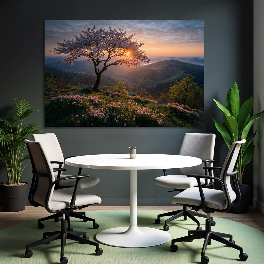 Blühende Kirschblüte Landschaft Sonnenaufgang Oder Sonnenuntergang