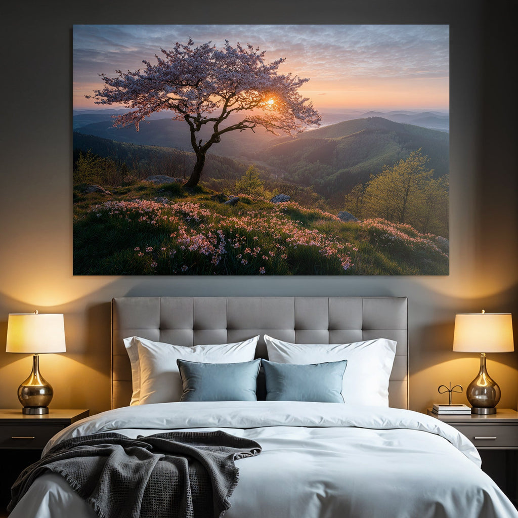 Blühende Kirschblüte Landschaft Sonnenaufgang Oder Sonnenuntergang