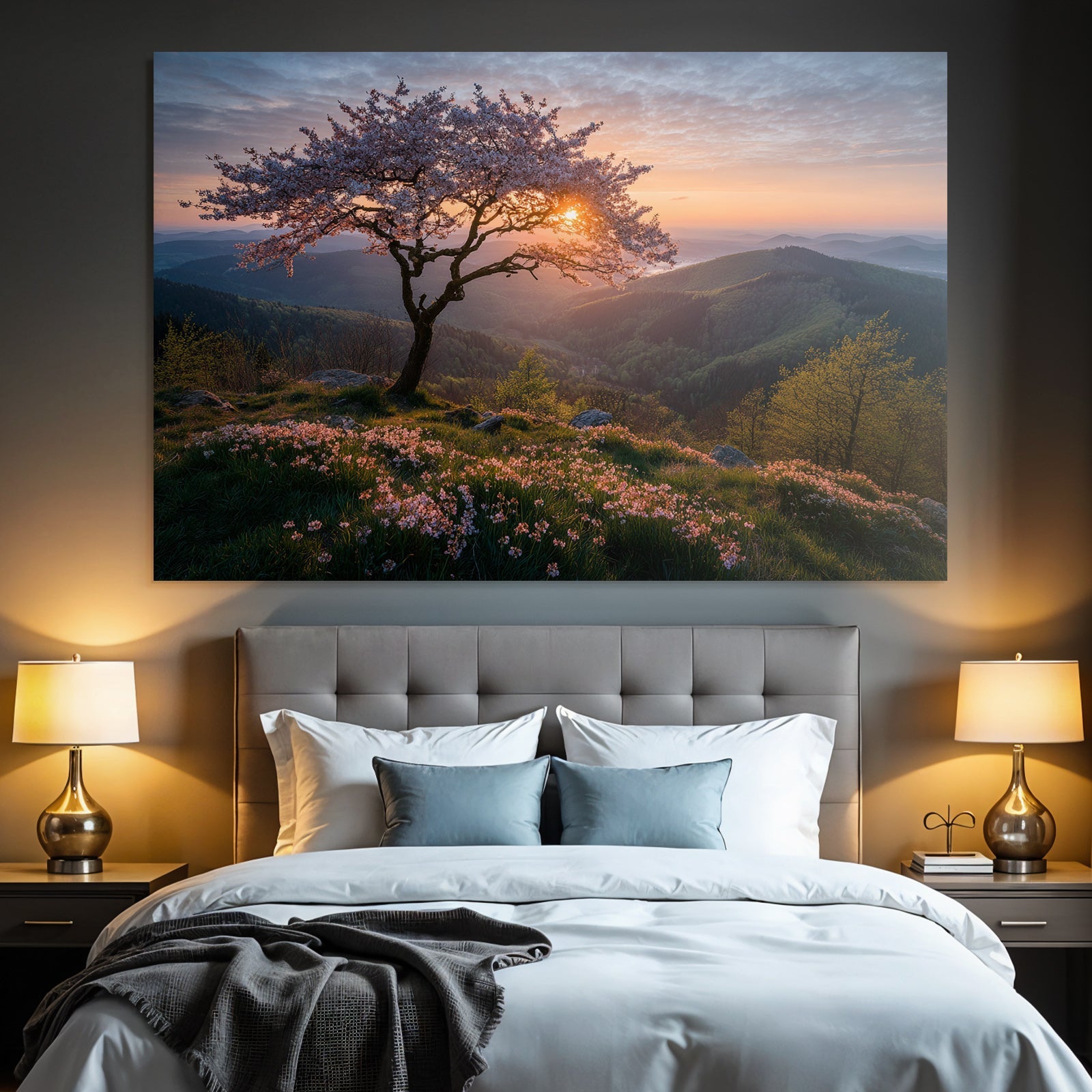 Blühende Kirschblüte Landschaft Sonnenaufgang Oder Sonnenuntergang