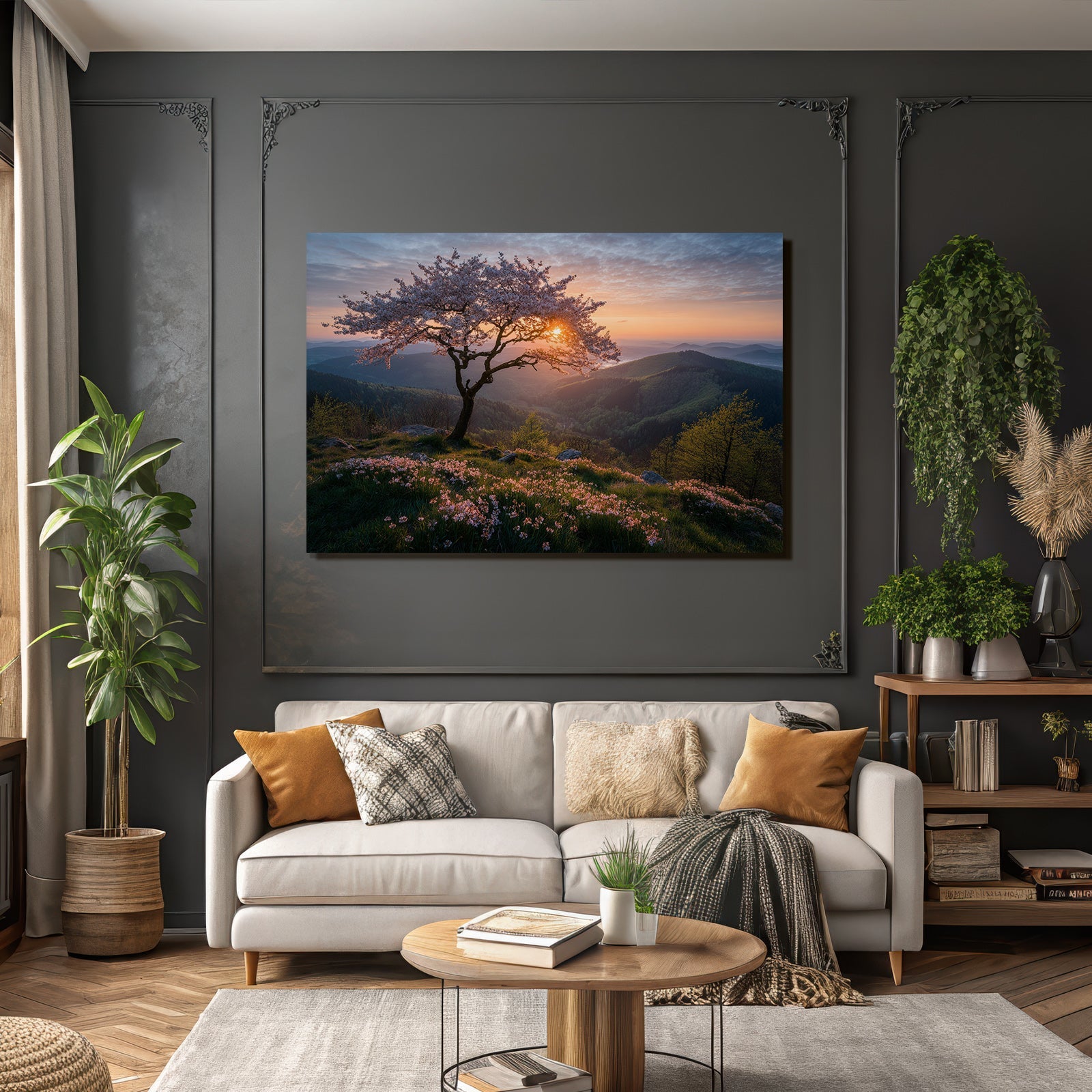 Blühende Kirschblüte Landschaft Sonnenaufgang Oder Sonnenuntergang