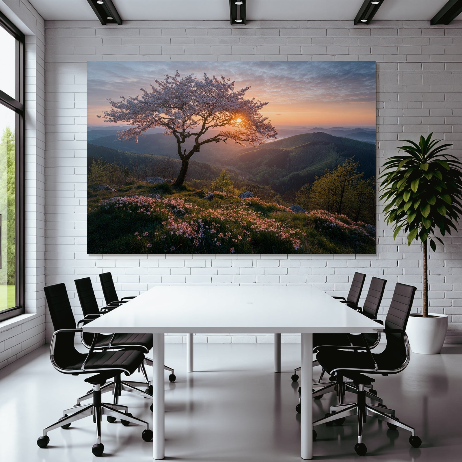 Blühende Kirschblüte Landschaft Sonnenaufgang Oder Sonnenuntergang