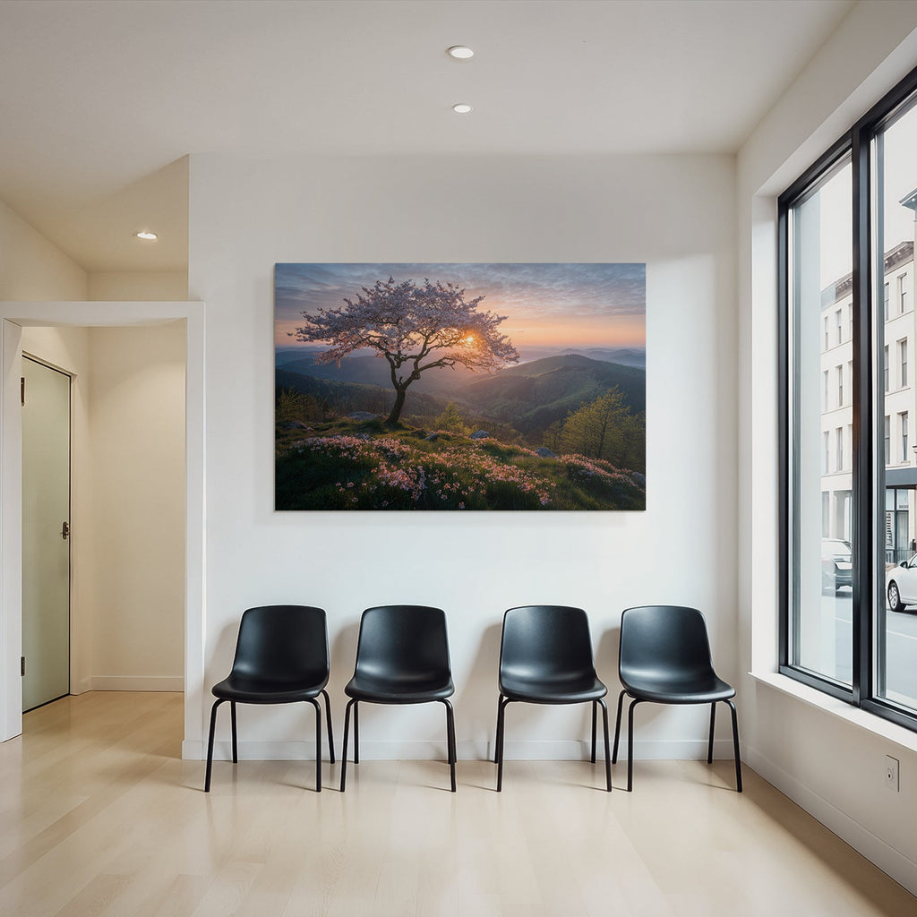 Blühende Kirschblüte Landschaft Sonnenaufgang Oder Sonnenuntergang