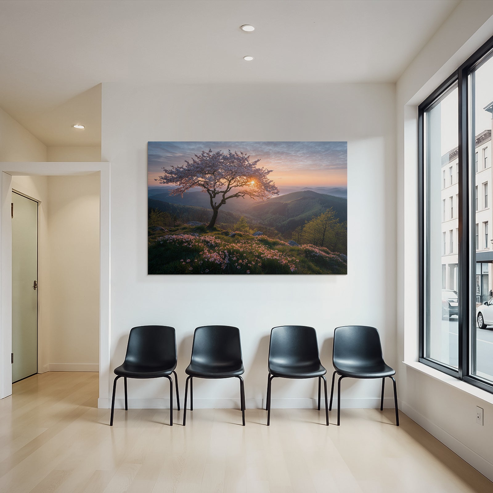 Blühende Kirschblüte Landschaft Sonnenaufgang Oder Sonnenuntergang