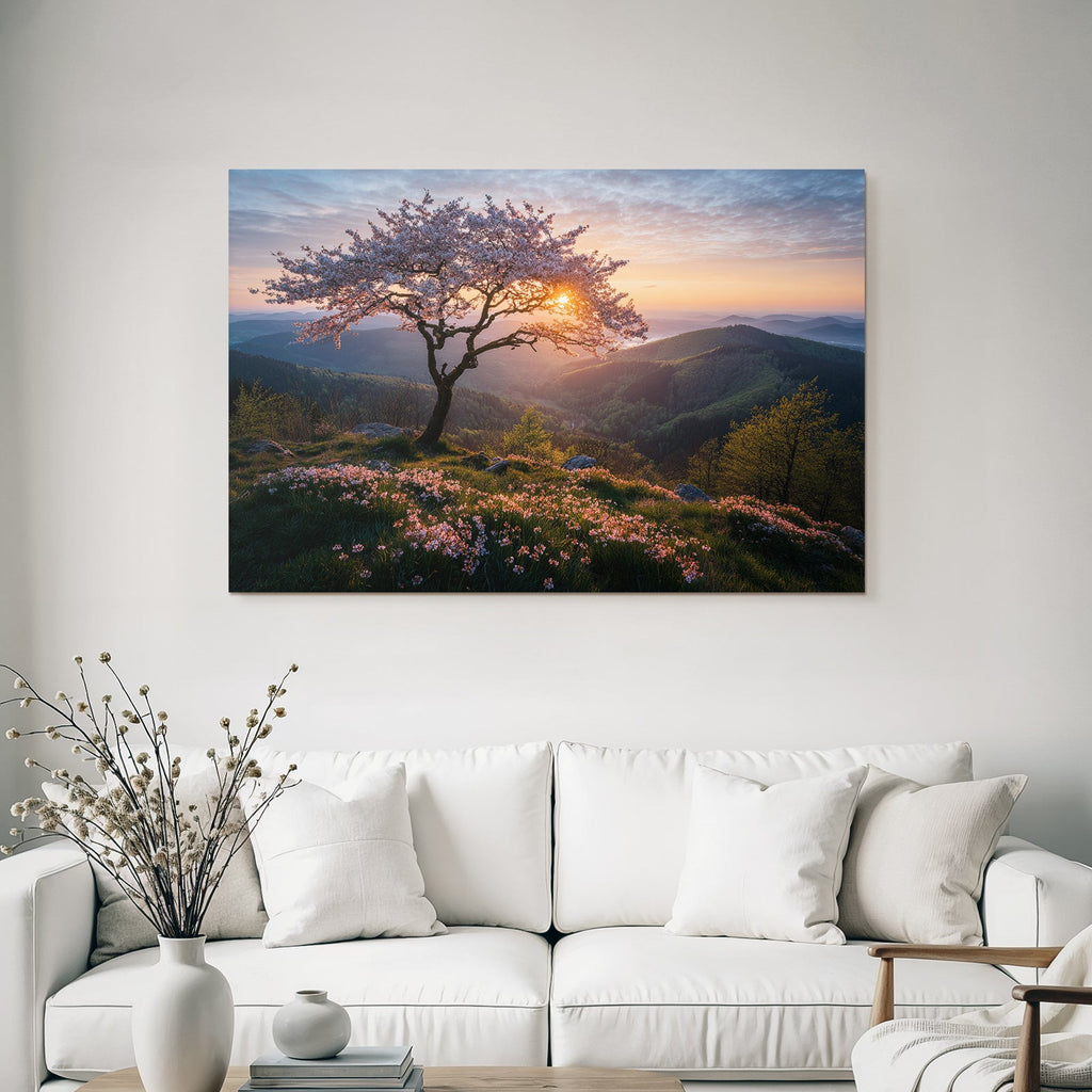 Blühende Kirschblüte Landschaft Sonnenaufgang Oder Sonnenuntergang