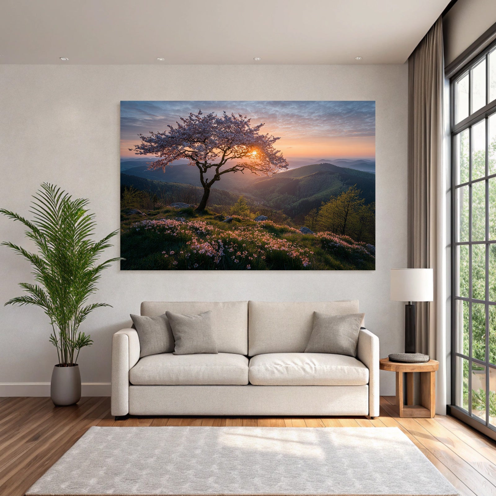 Blühende Kirschblüte Landschaft Sonnenaufgang Oder Sonnenuntergang