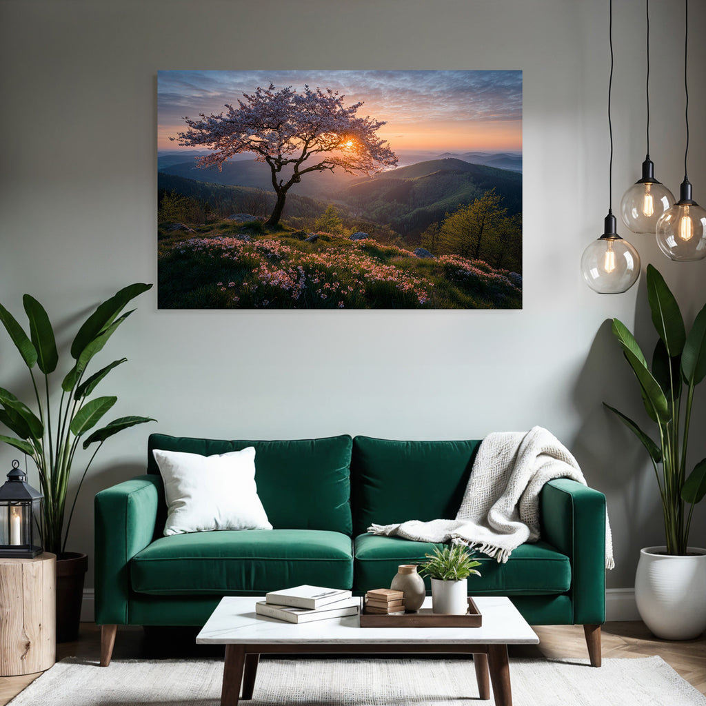 Blühende Kirschblüte Landschaft Sonnenaufgang Oder Sonnenuntergang