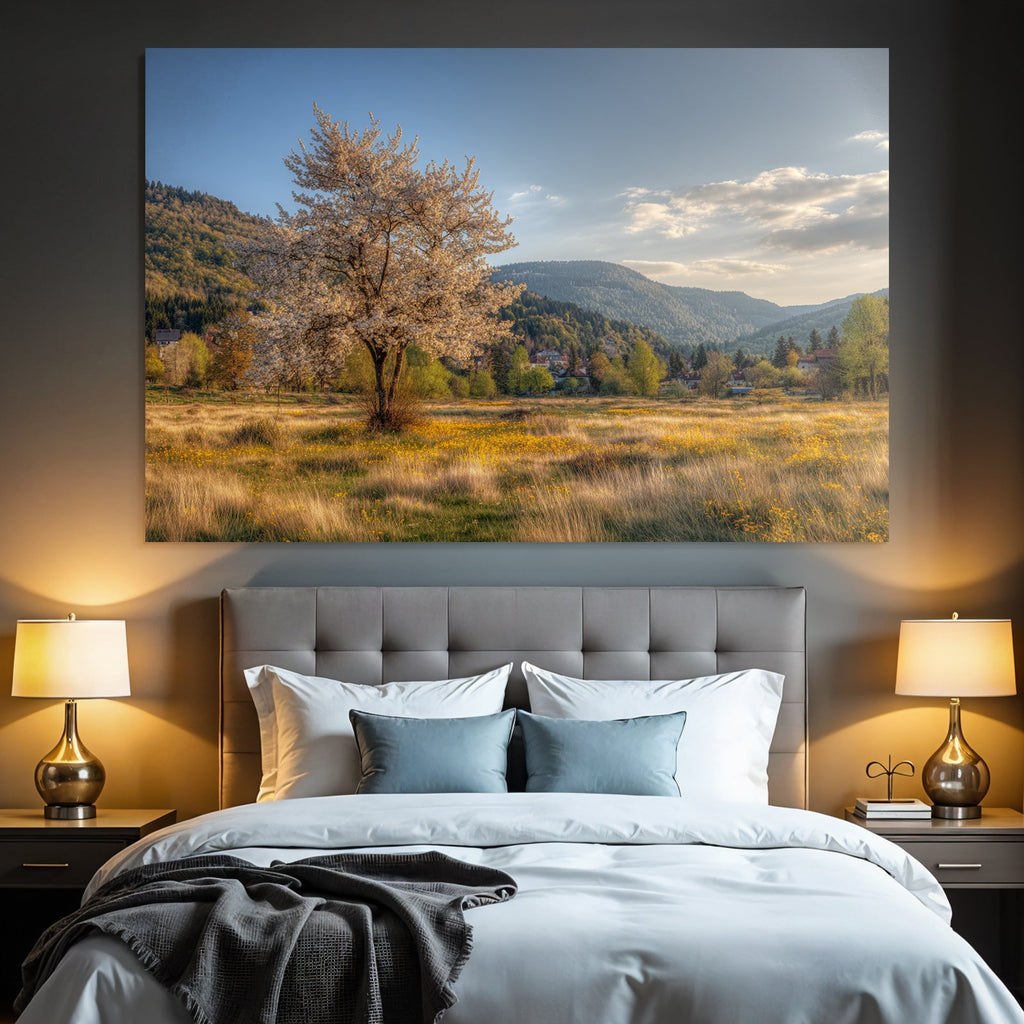 Flowering Tree In Field Surrounded By Hills And Mountains Scenes