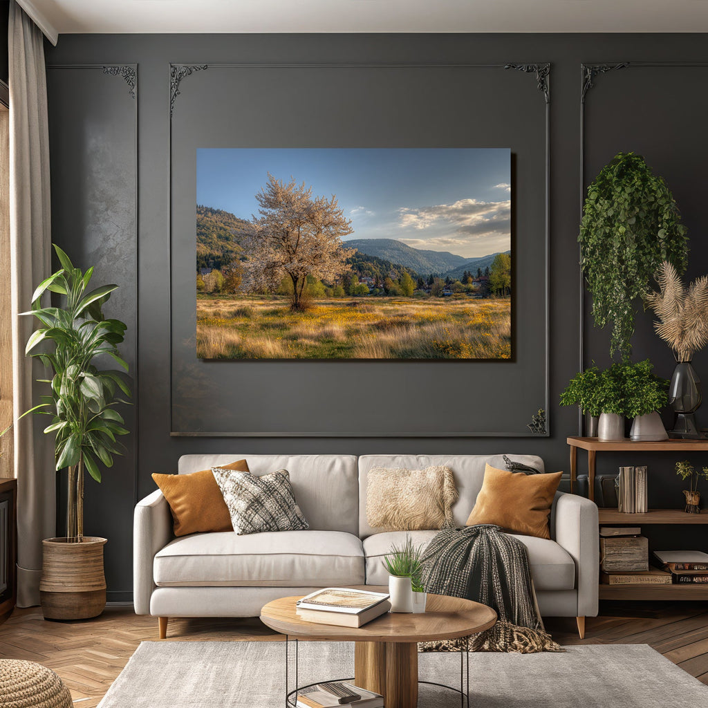 Flowering Tree In Field Surrounded By Hills And Mountains Scenes